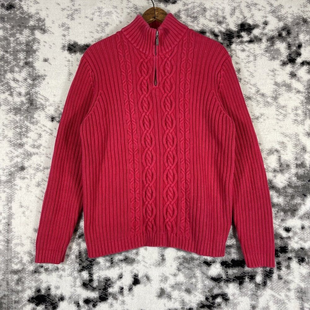Vintage Lands End Sweater Womens Size Medium Pink Cable Knit 1/4 Zip